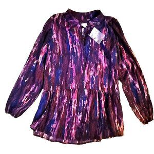 Size Small LOGO by Lori Goldstein Purple Watercolor Tunic Button Up Peplum